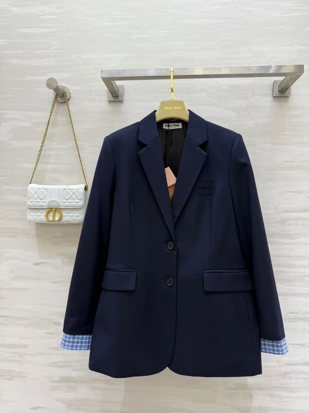 Miu 26s Blazer Navy Blue Blue Plaid Trim 427460