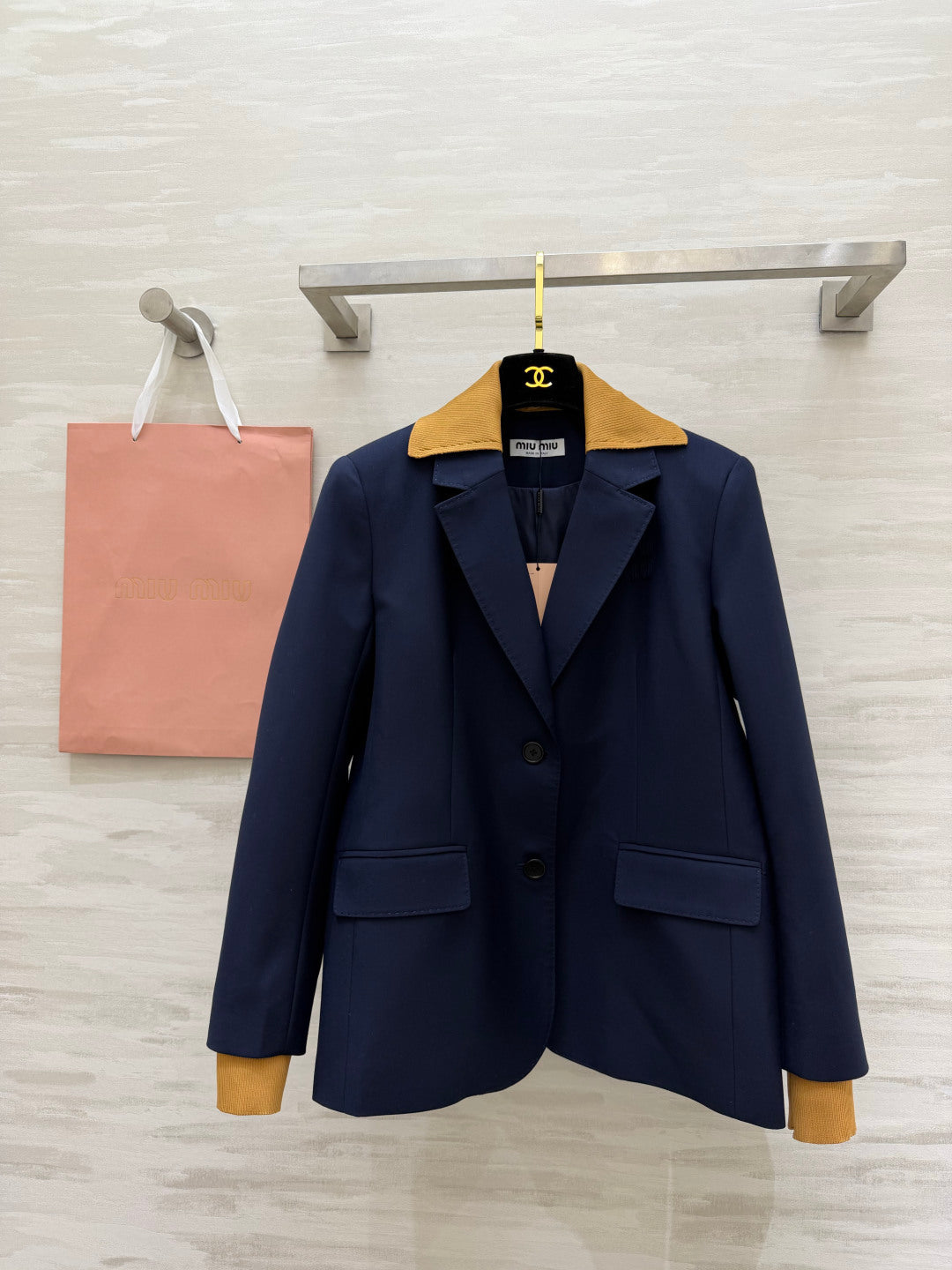 Miu 26s Blazer Navy Blue Yellow Corduroy/Knit Trim 427474