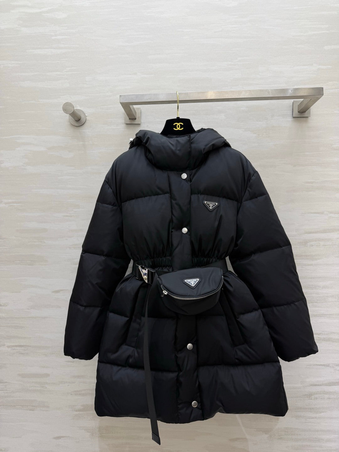 Prada 26s Puffer Coat Black Belt Bag Triangle Logo 427380