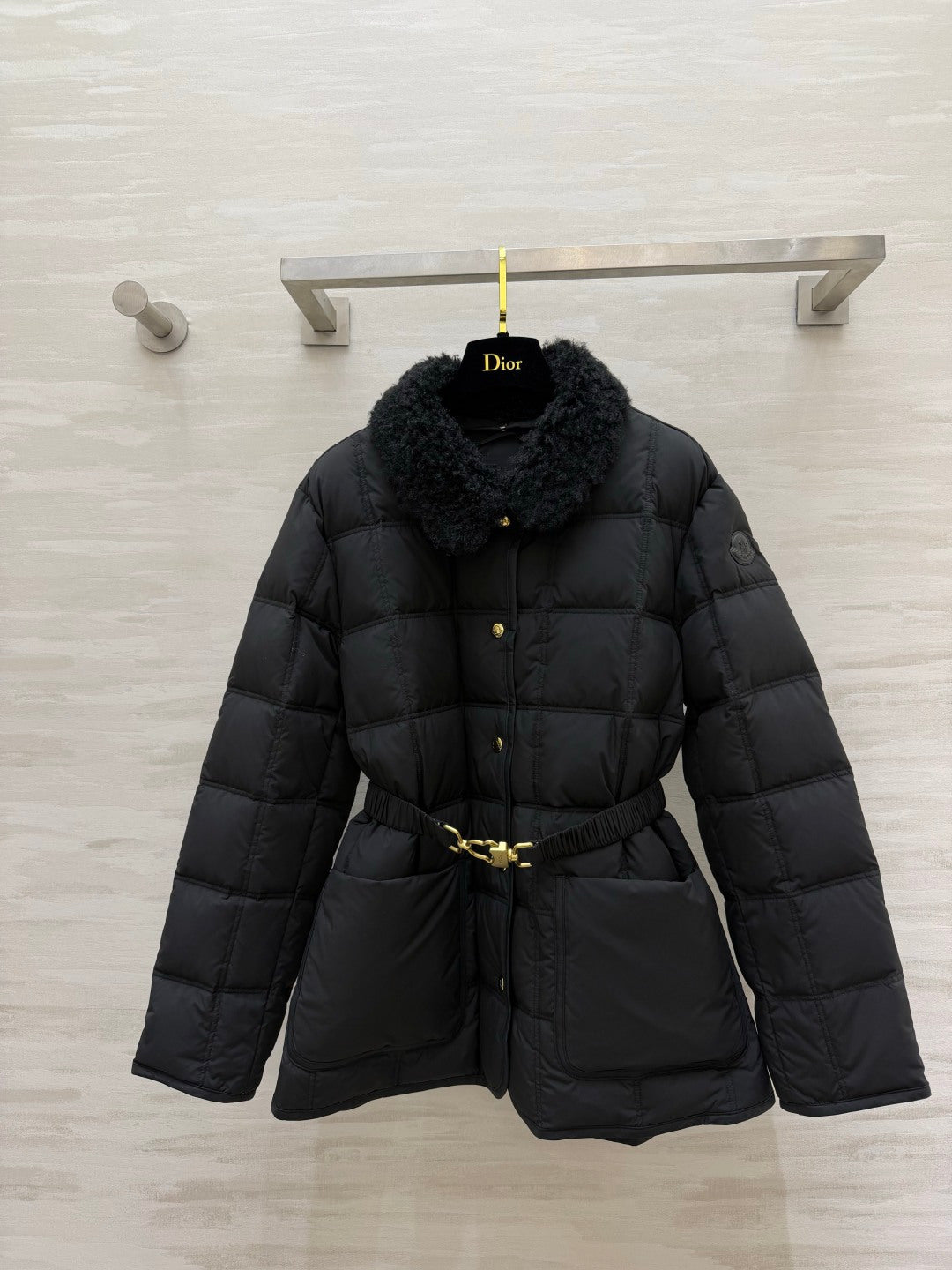 Moncler 26s Puffer Jacket Black Shearling Collar Belt 427377