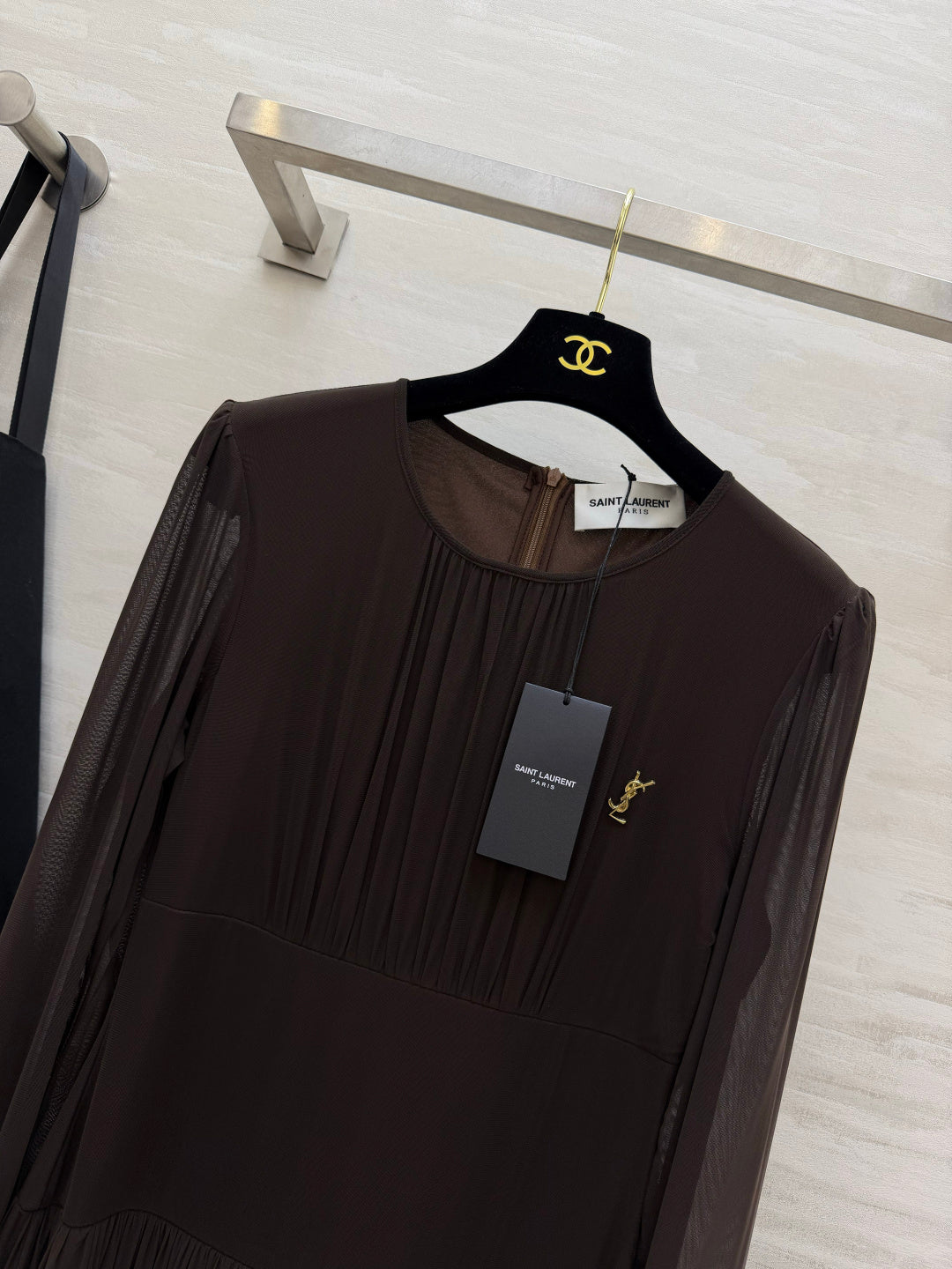 YSL 26S Brown Pleated Silk Georgette Maxi Dress 428209