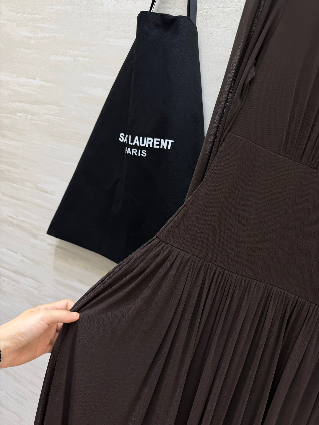 YSL 26S Brown Pleated Silk Georgette Maxi Dress 428209