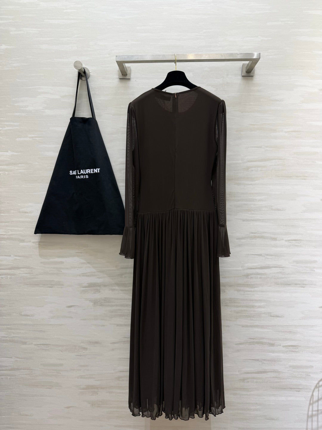 YSL 26S Brown Pleated Silk Georgette Maxi Dress 428209
