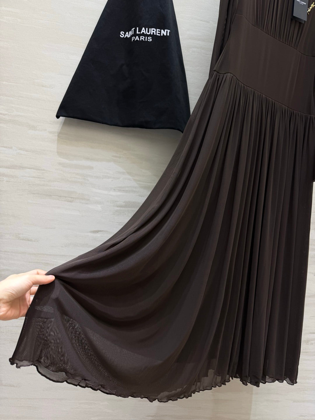 YSL 26S Brown Pleated Silk Georgette Maxi Dress 428209