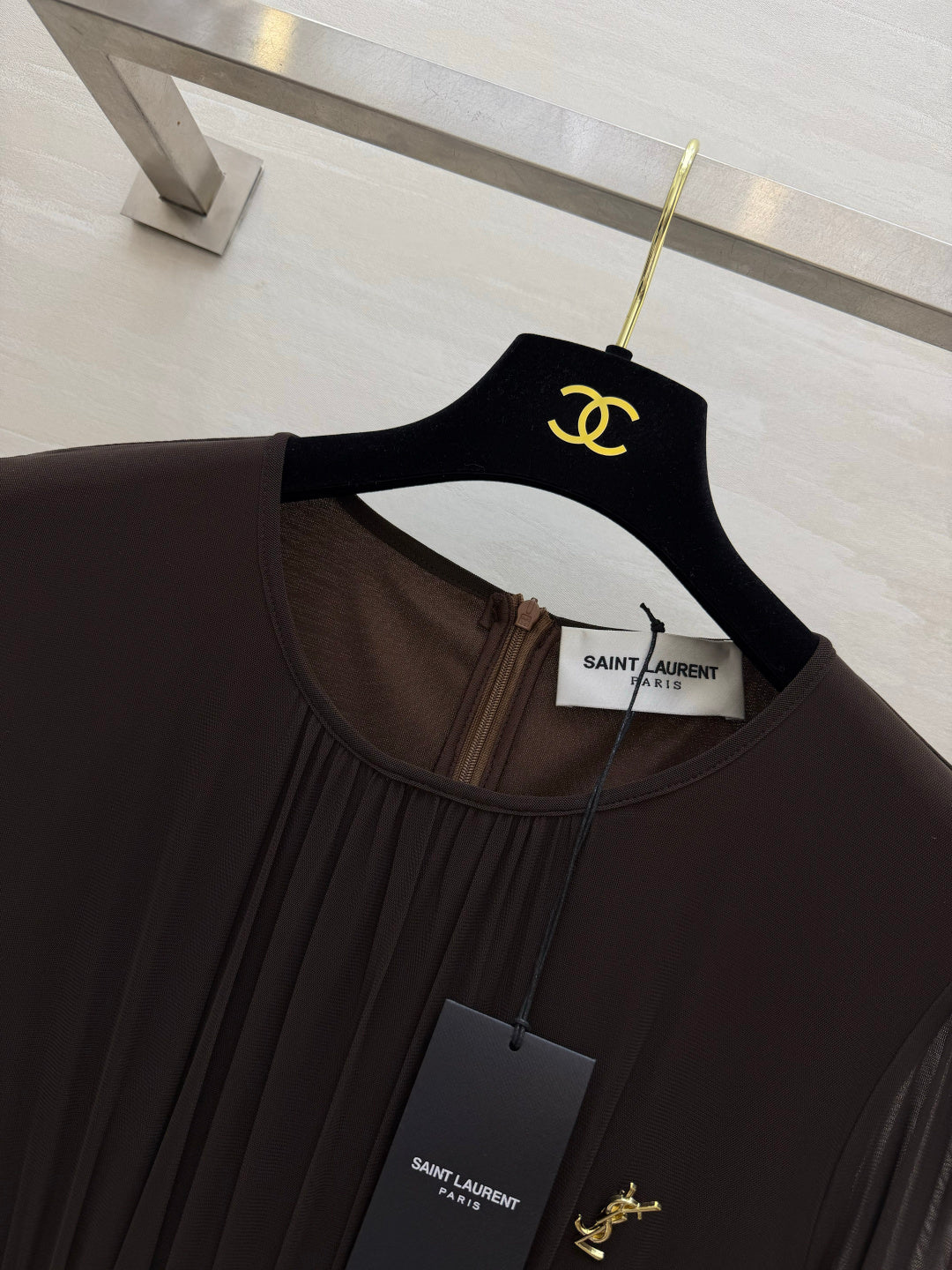 YSL 26S Brown Pleated Silk Georgette Maxi Dress 428209