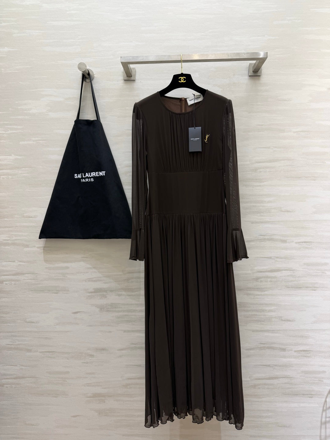 YSL 26S Brown Pleated Silk Georgette Maxi Dress 428209