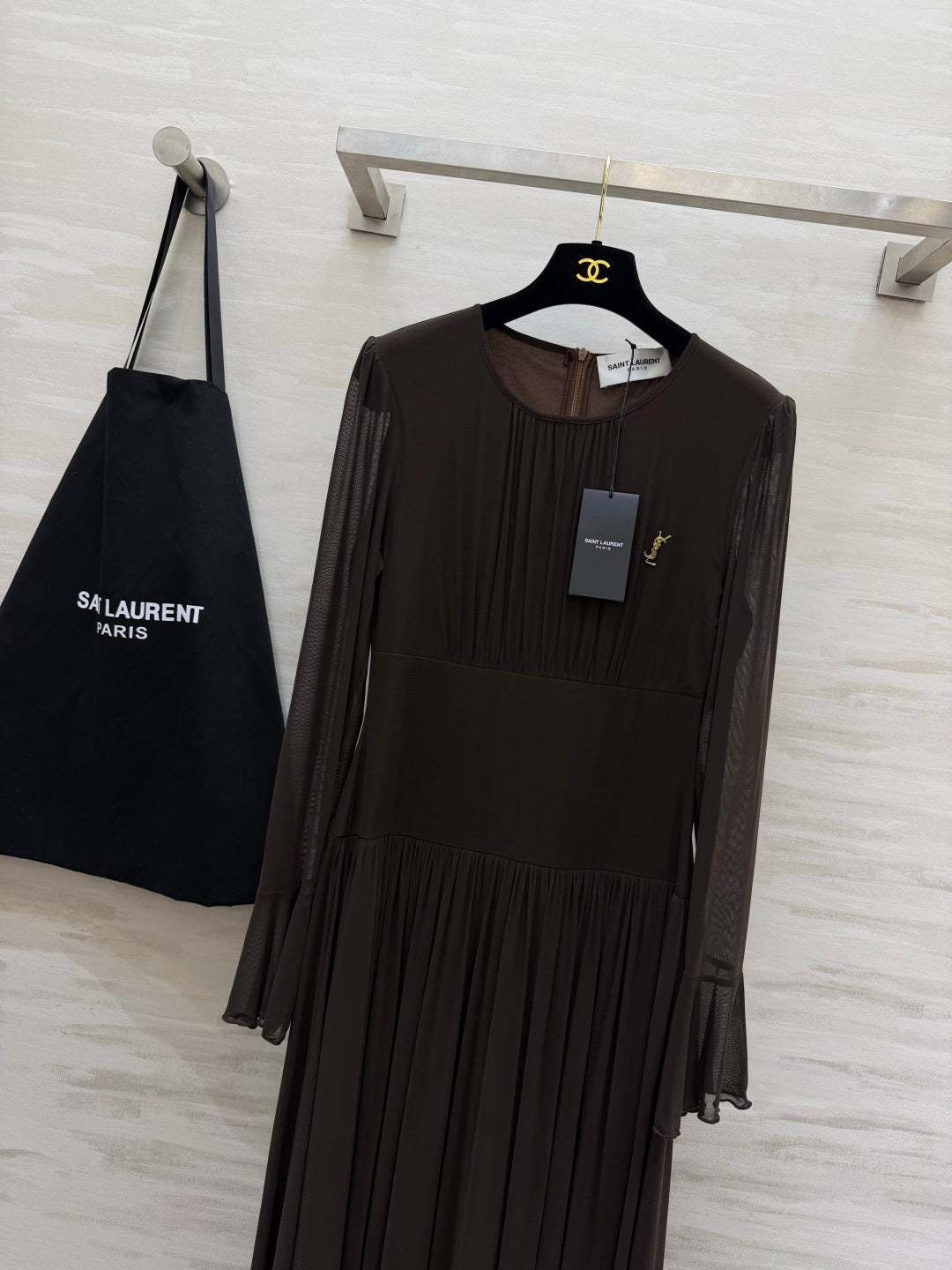 YSL 26S Brown Pleated Silk Georgette Maxi Dress 428209