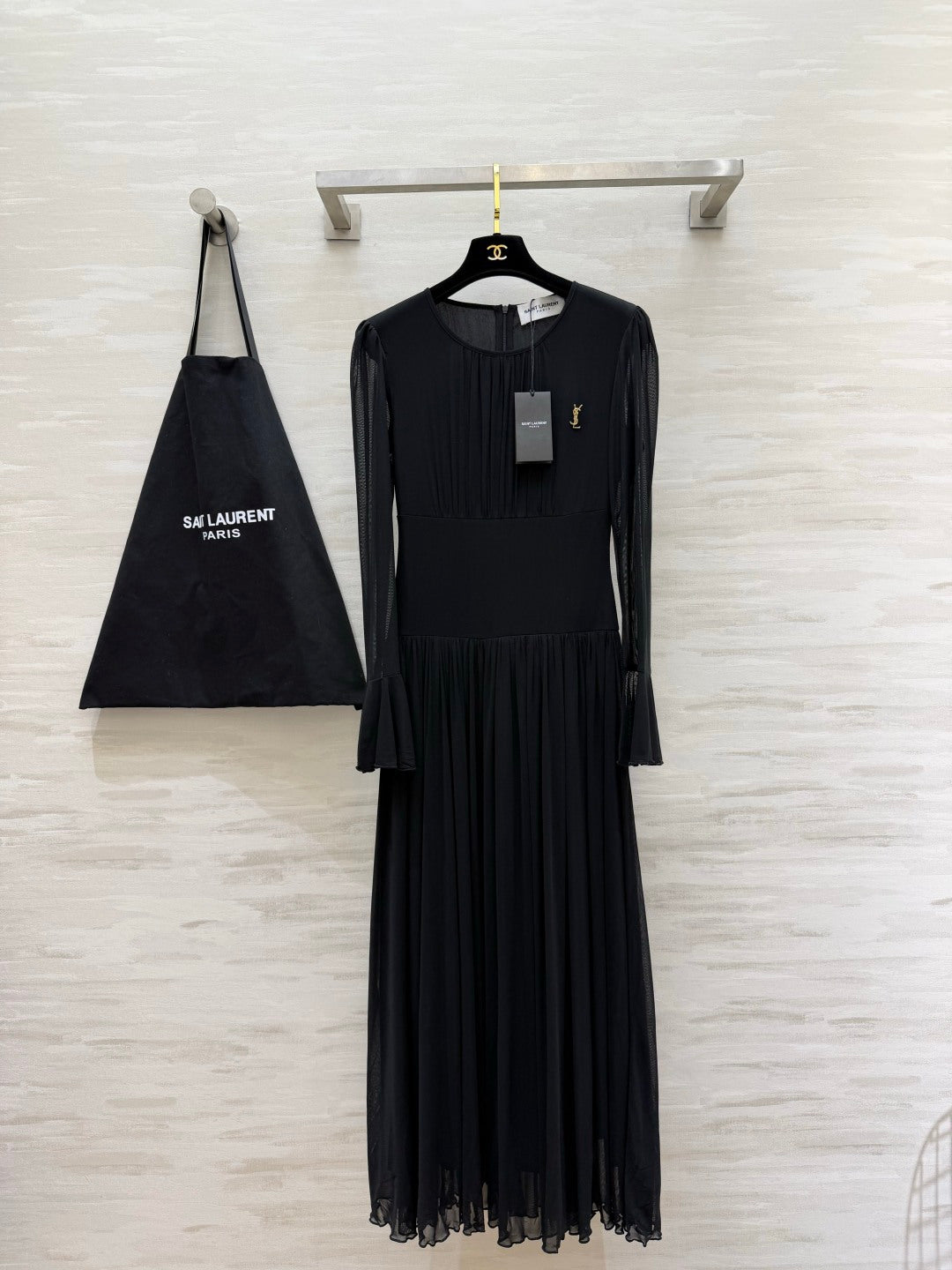 YSL 26S Black Pleated Silk Georgette Maxi Dress 428211