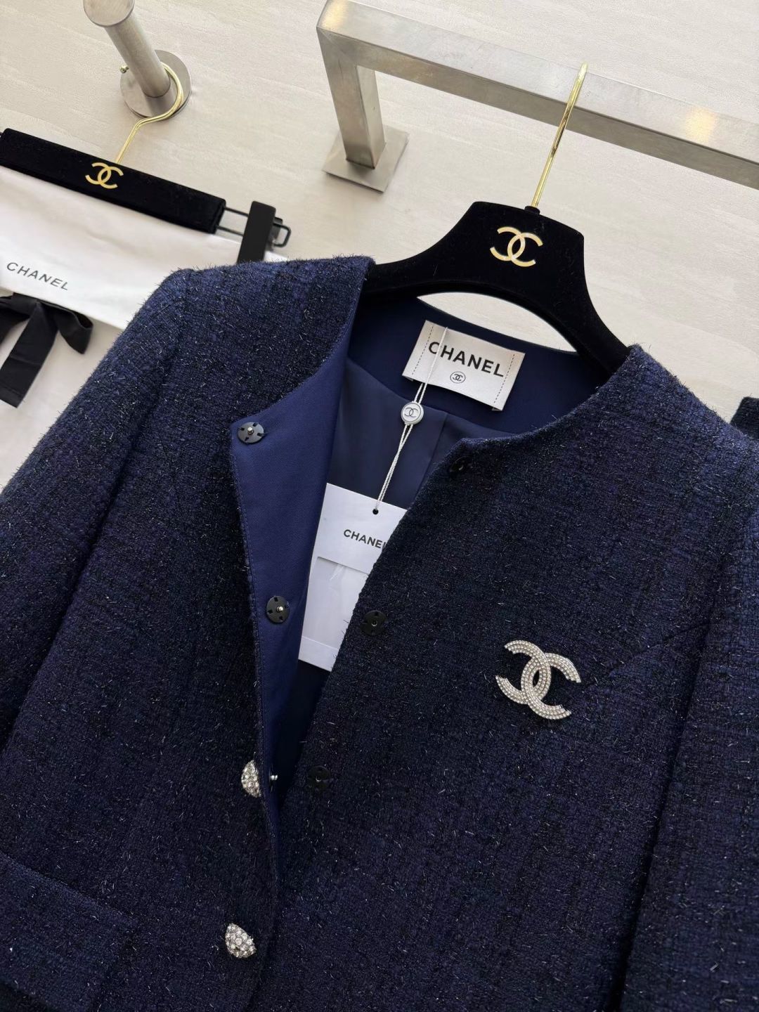 CC 26S Navy Lurex Tweed Skirt Suit Set 428174