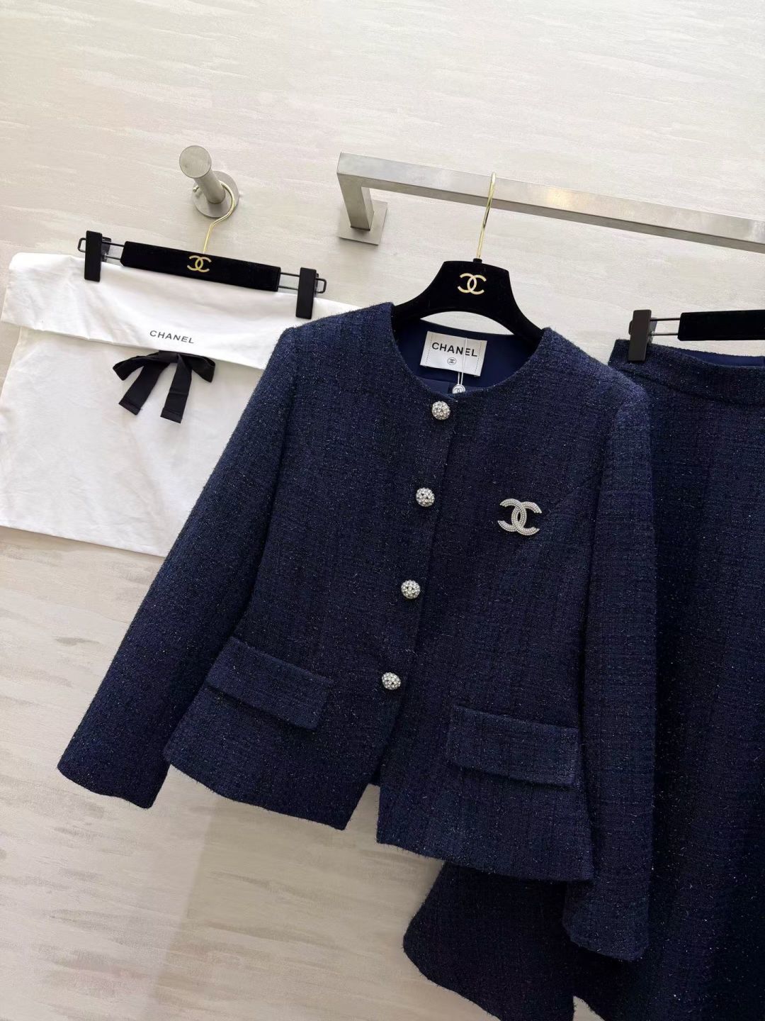 CC 26S Navy Lurex Tweed Skirt Suit Set 428174