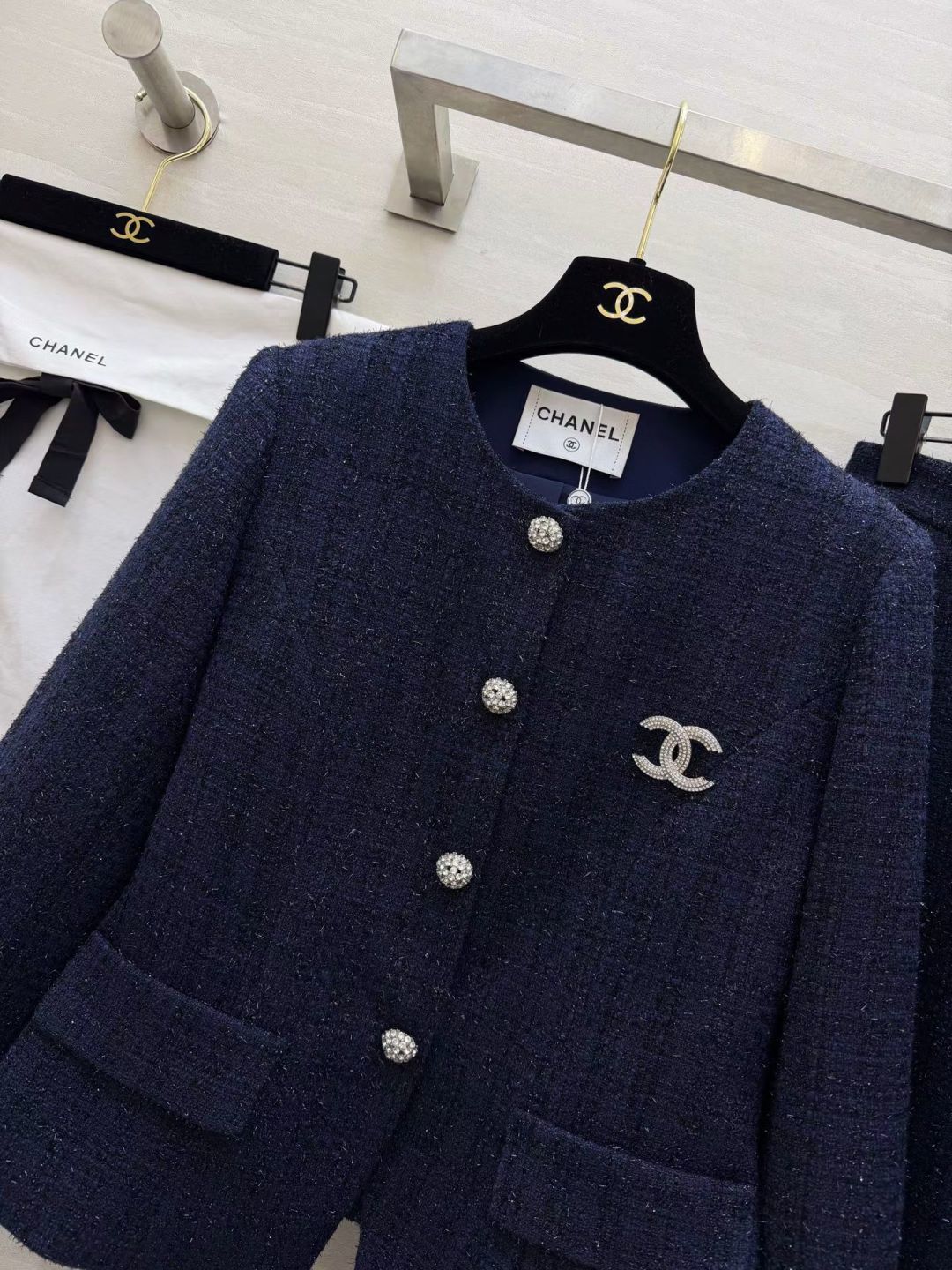 CC 26S Navy Lurex Tweed Skirt Suit Set 428174