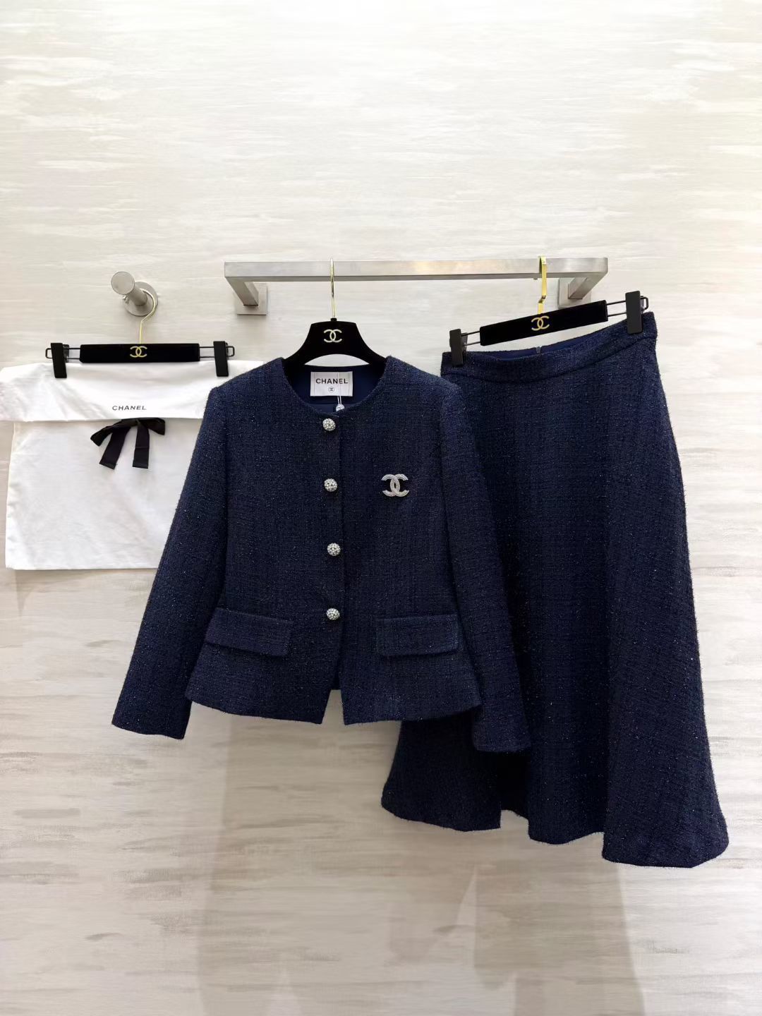 CC 26S Navy Lurex Tweed Skirt Suit Set 428174