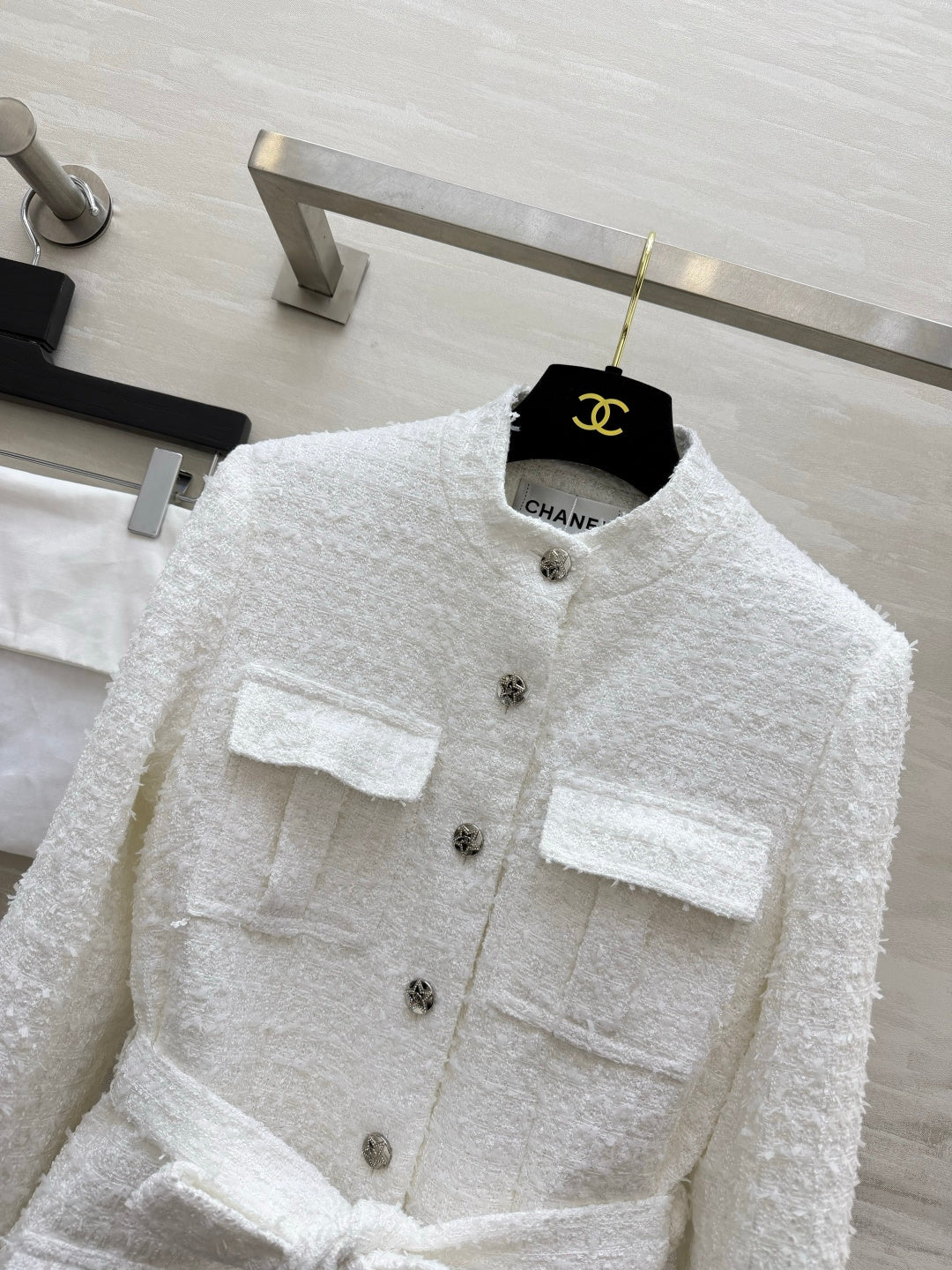 CC 26S White Tweed Belted Long Coat 428142
