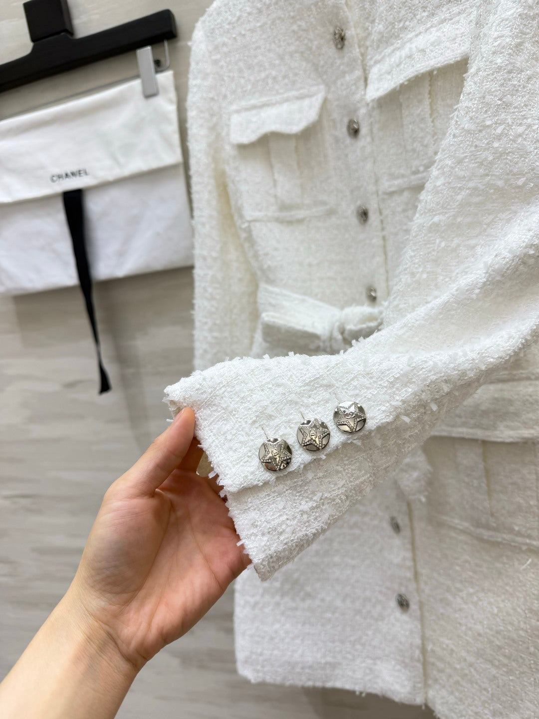 CC 26S White Tweed Belted Long Coat 428142