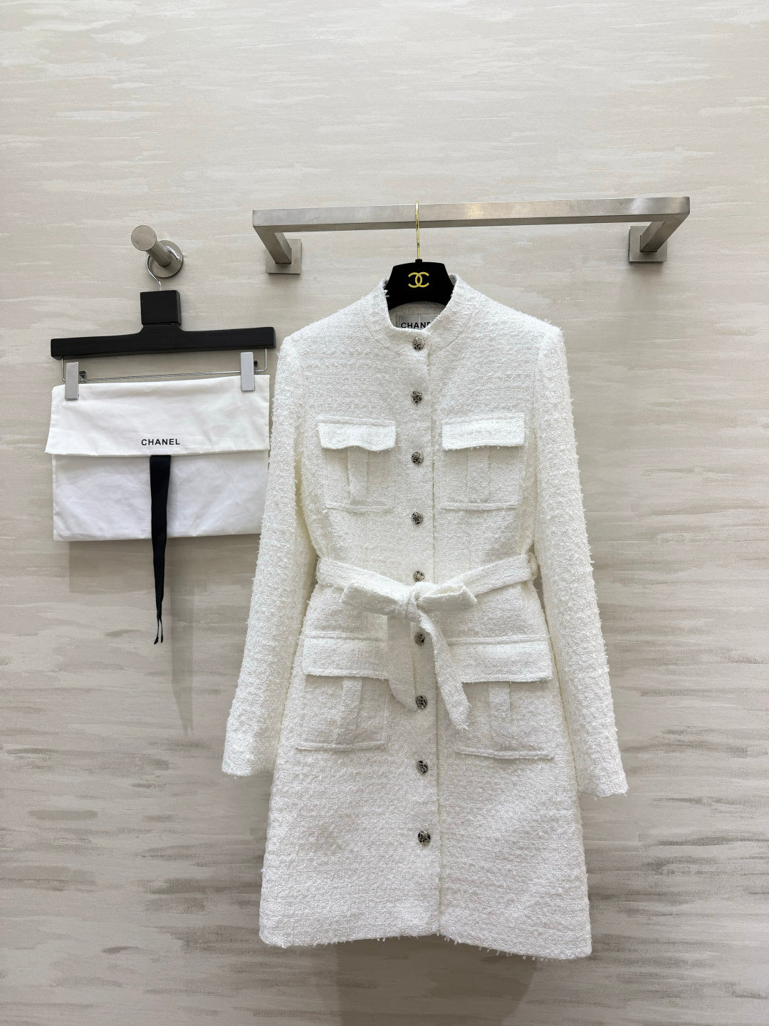 CC 26S White Tweed Belted Long Coat 428142
