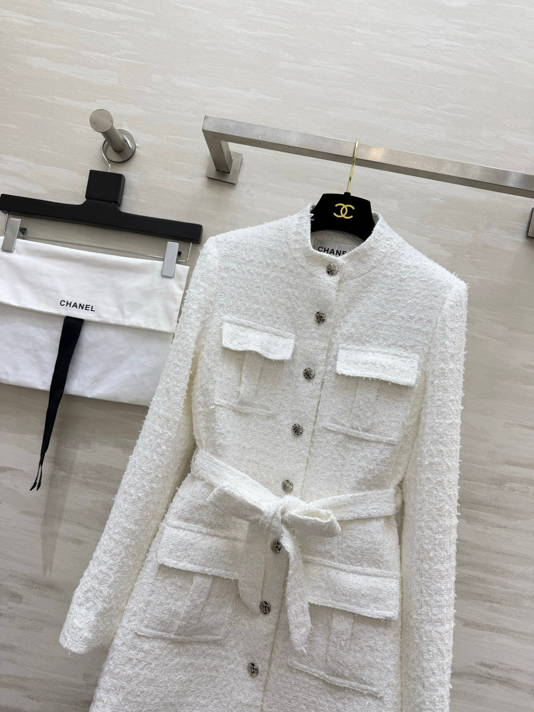 CC 26S White Tweed Belted Long Coat 428142