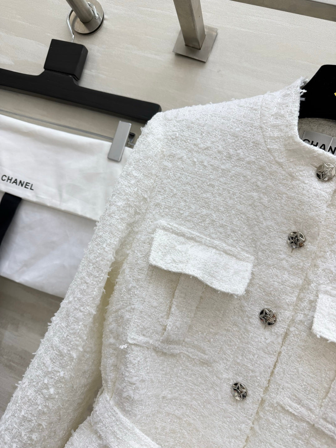 CC 26S White Tweed Belted Long Coat 428142