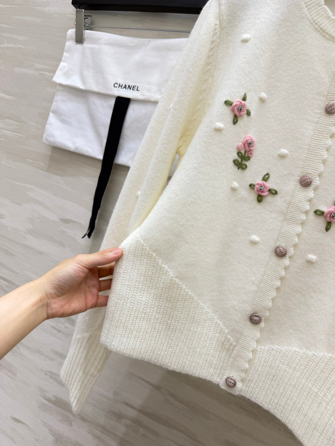 Chanel 26s Embroidered Floral Bobble Knit Cardigan White 438843