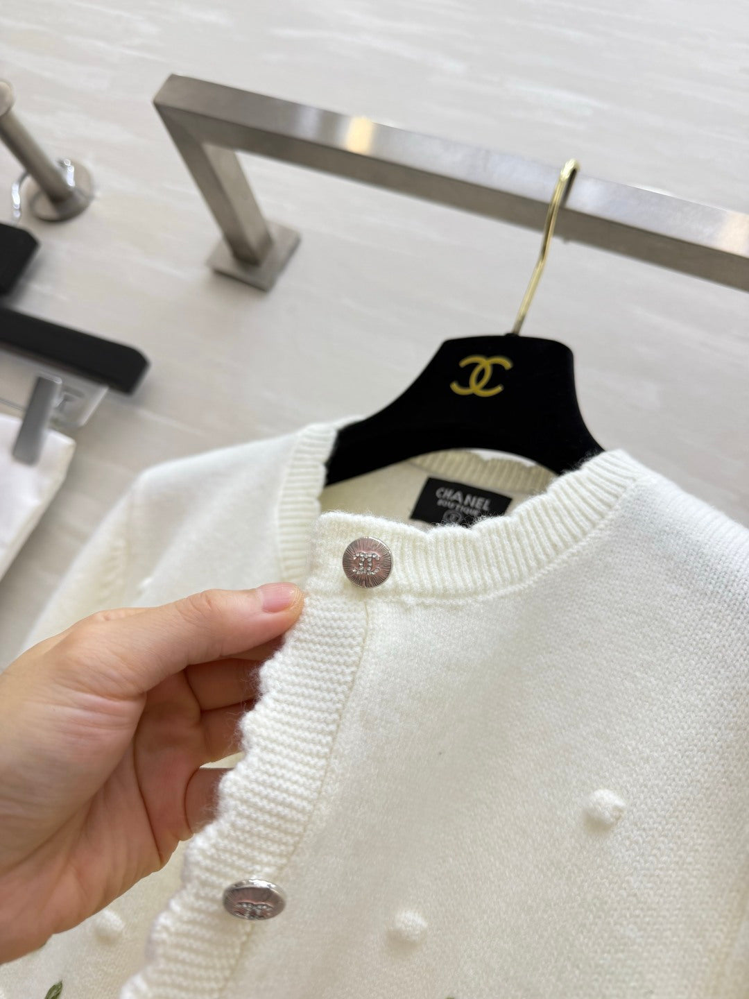 Chanel 26s Embroidered Floral Bobble Knit Cardigan White 438843
