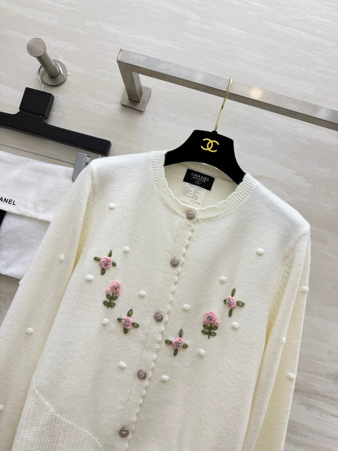 Chanel 26s Embroidered Floral Bobble Knit Cardigan White 438843