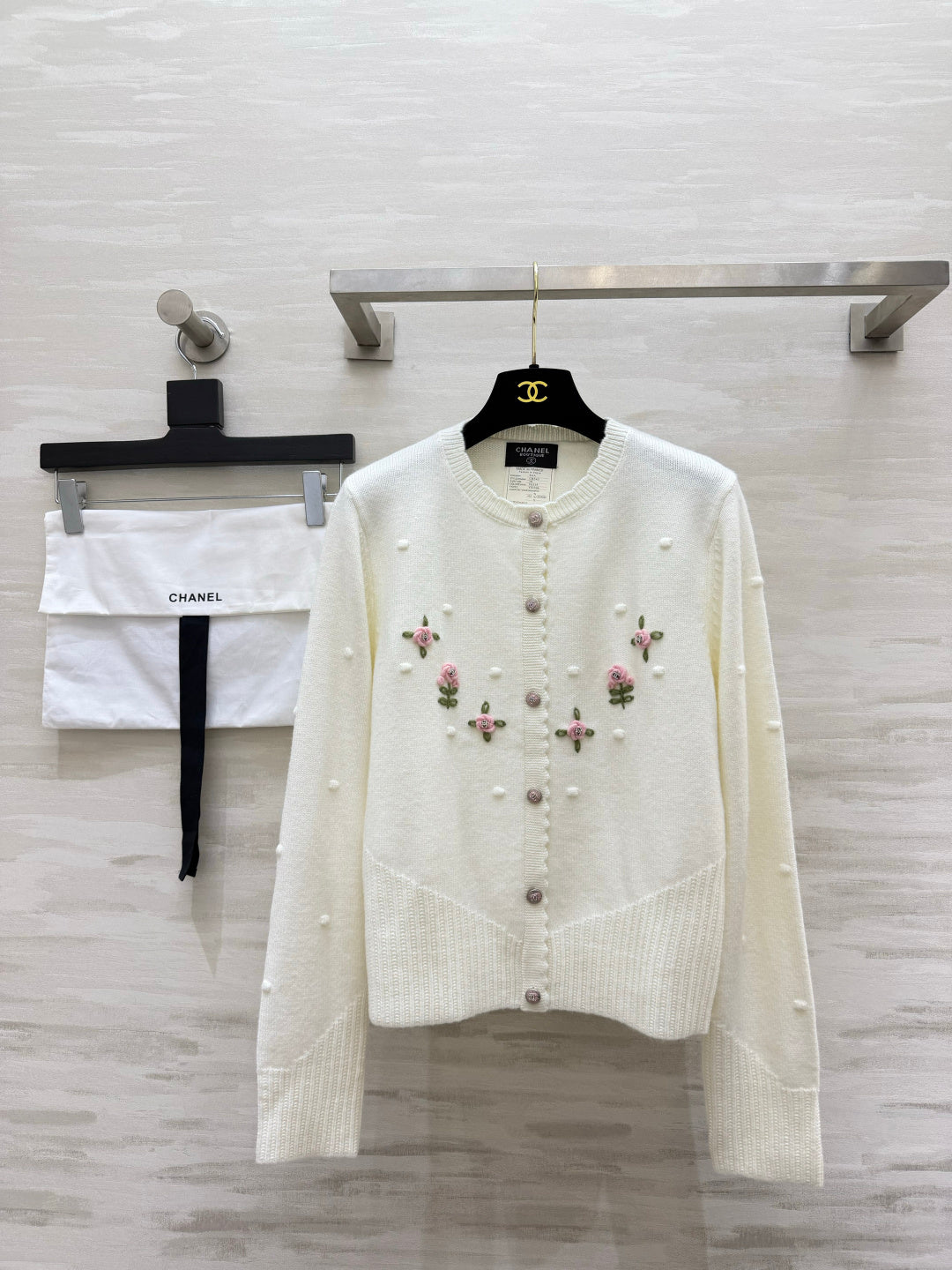 Chanel 26s Embroidered Floral Bobble Knit Cardigan White 438843