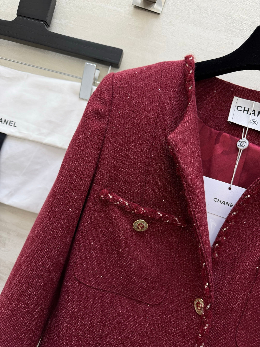 Chanel Shimmering Tweed Jacket Bordeaux Wool 437229