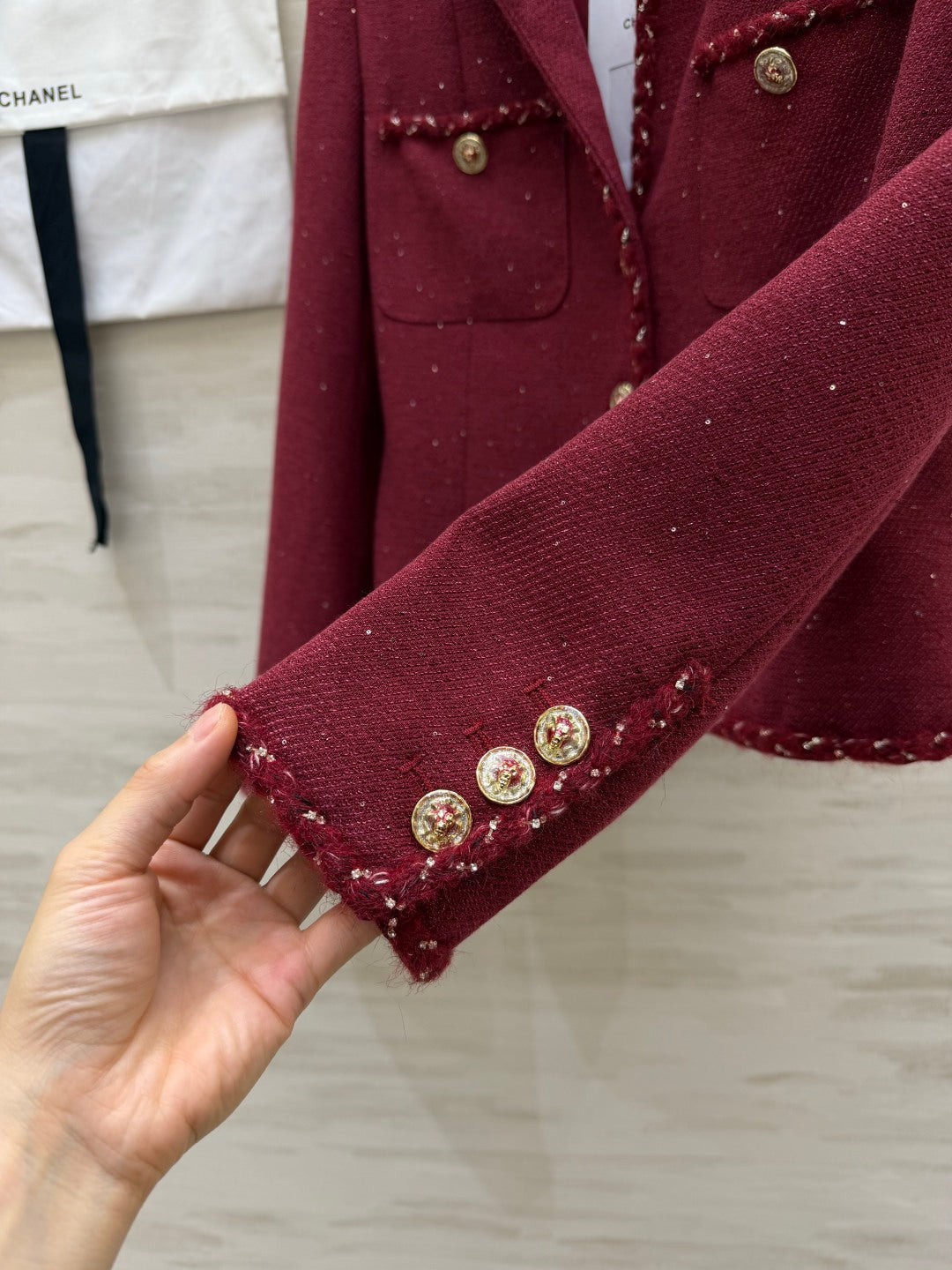 Chanel Shimmering Tweed Jacket Bordeaux Wool 437229