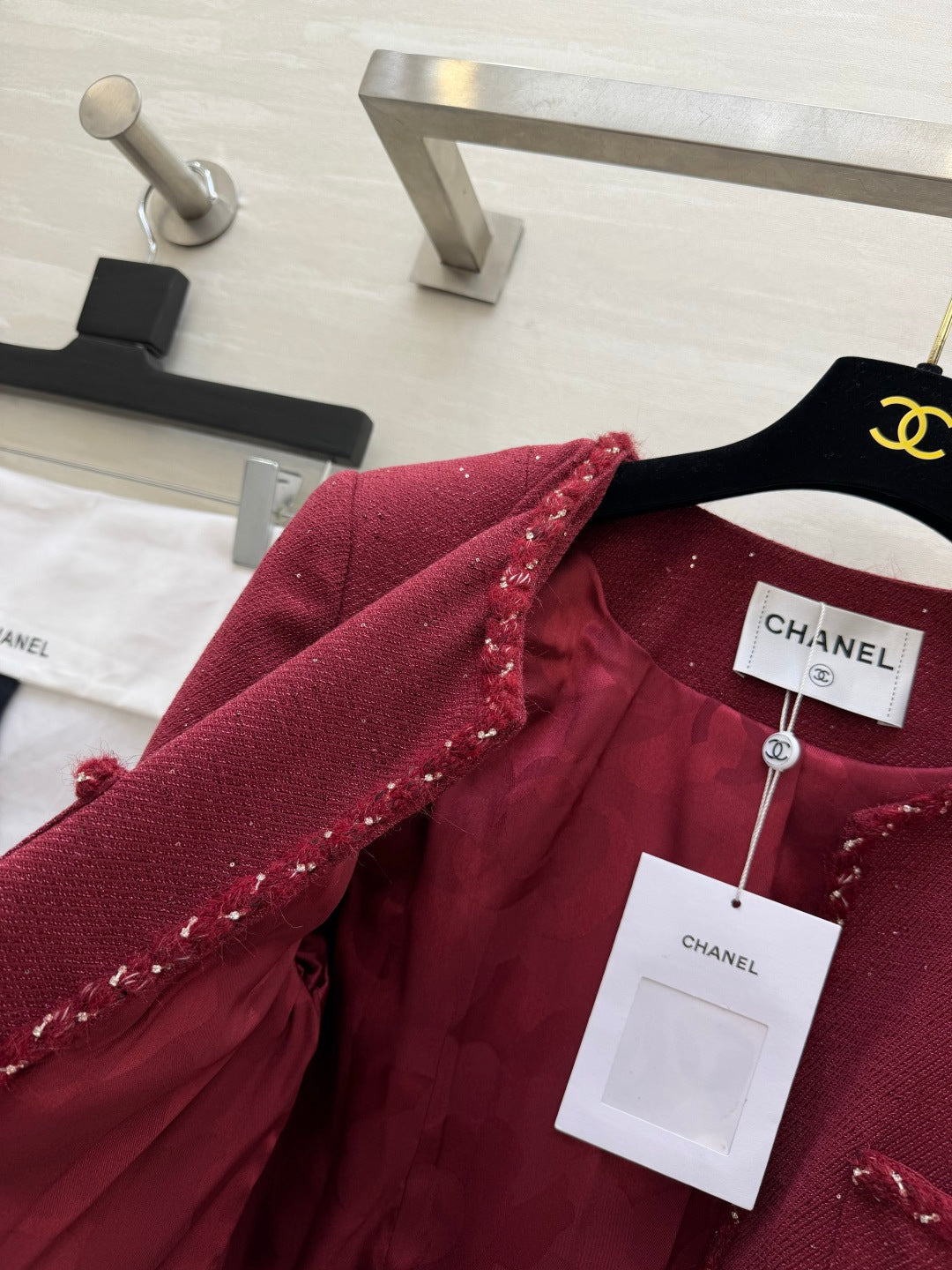 Chanel Shimmering Tweed Jacket Bordeaux Wool 437229