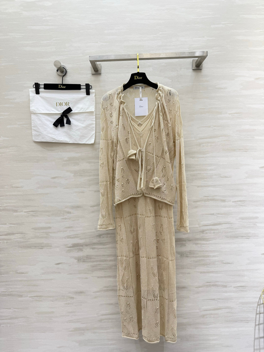 CD 26s Openwork Knit Cardigan & Dress Set Beige Cotton 437219