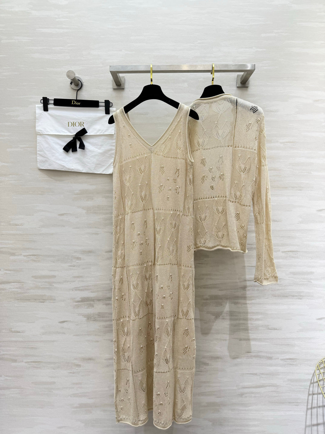 CD 26s Openwork Knit Cardigan & Dress Set Beige Cotton 437219