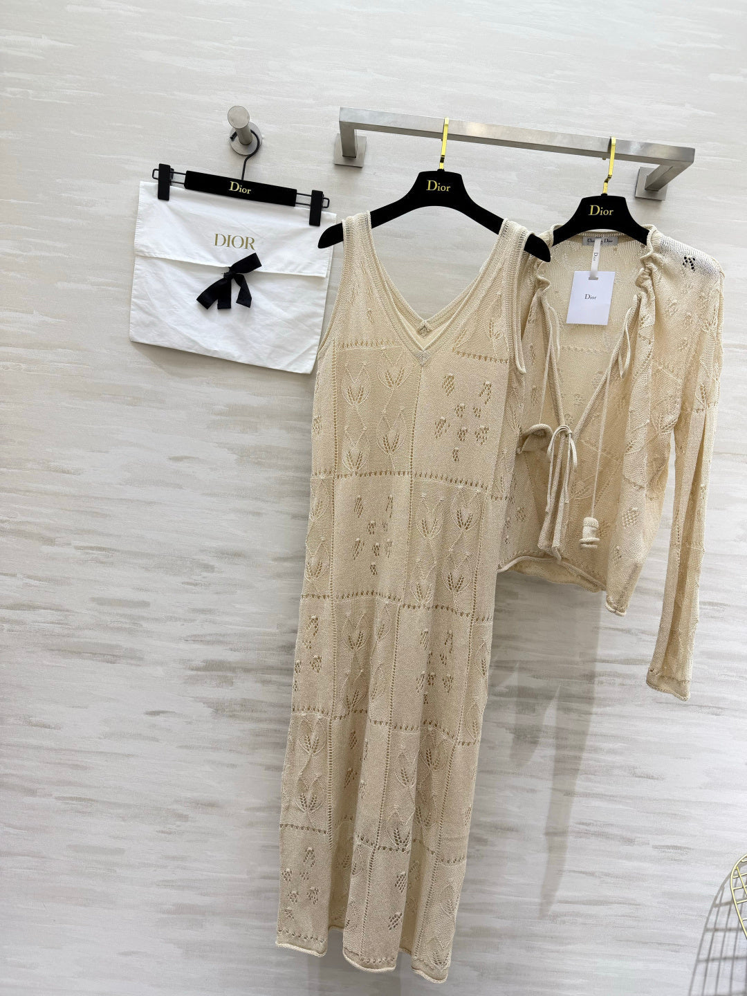 CD 26s Openwork Knit Cardigan & Dress Set Beige Cotton 437219