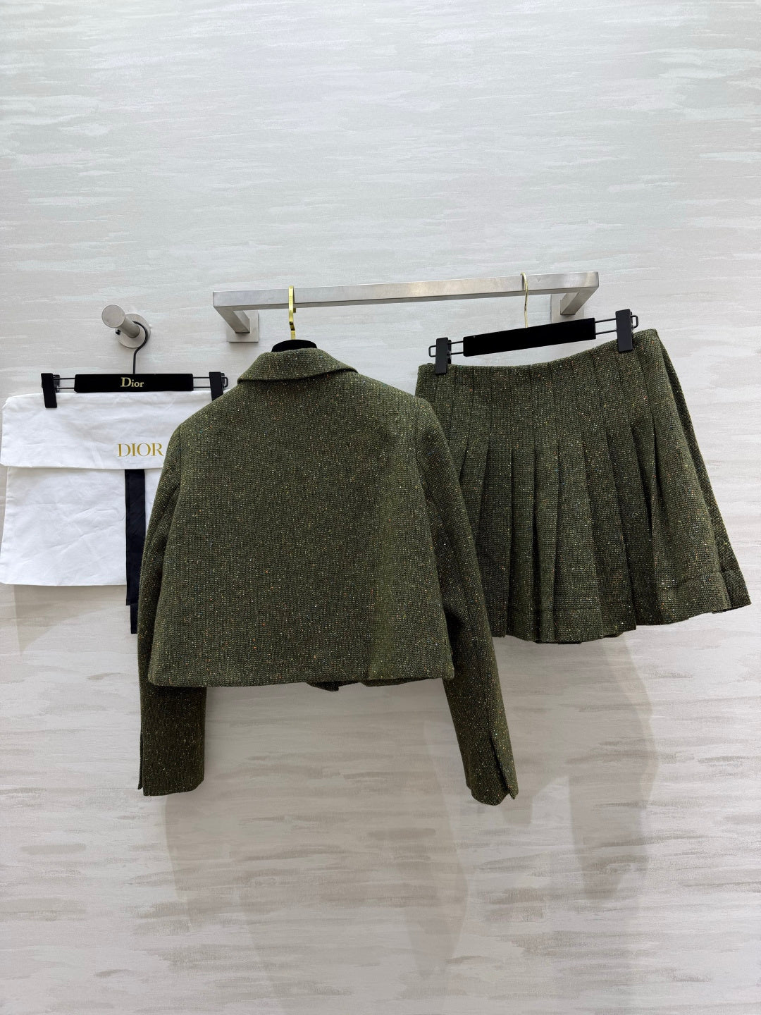 CD 26s Cropped Jacket & Pleated Skirt Set Khaki Green Tweed 437187