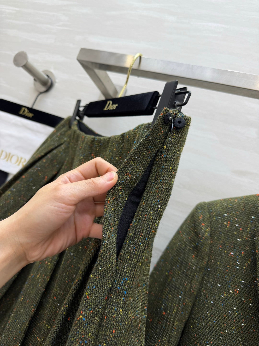 CD 26s Cropped Jacket & Pleated Skirt Set Khaki Green Tweed 437187
