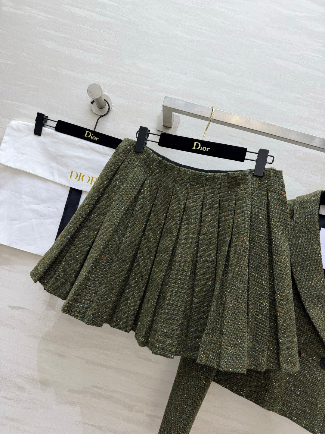 CD 26s Cropped Jacket & Pleated Skirt Set Khaki Green Tweed 437187