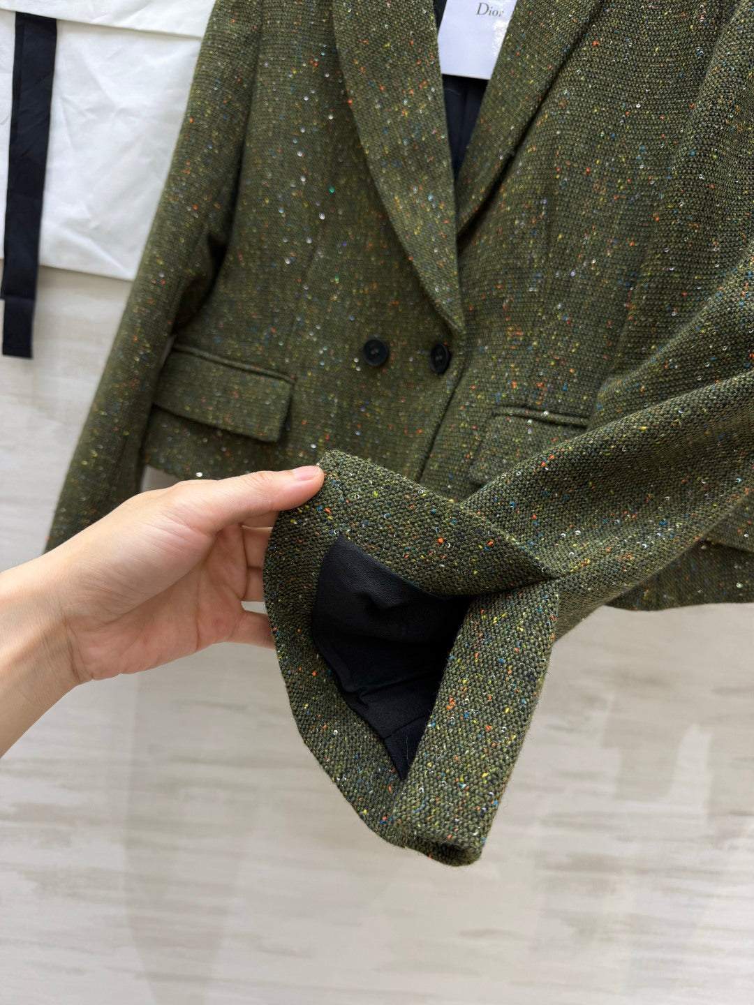 CD 26s Cropped Jacket & Pleated Skirt Set Khaki Green Tweed 437187