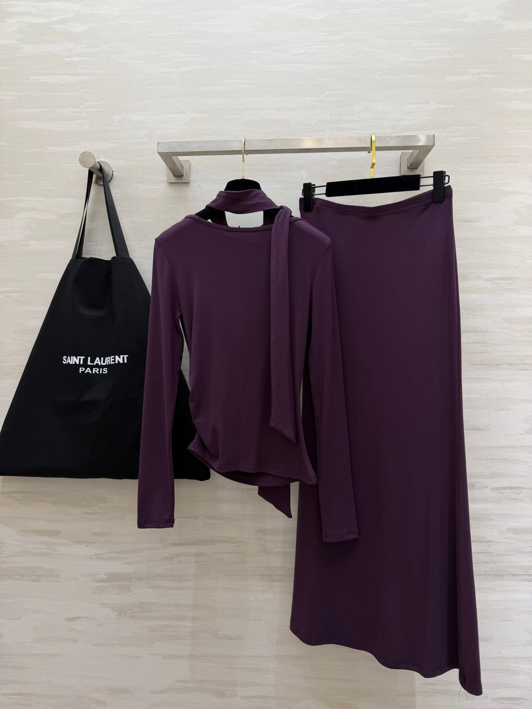 YSL 26s Draped Scarf Top & Midi Skirt Set Purple Silk 437097