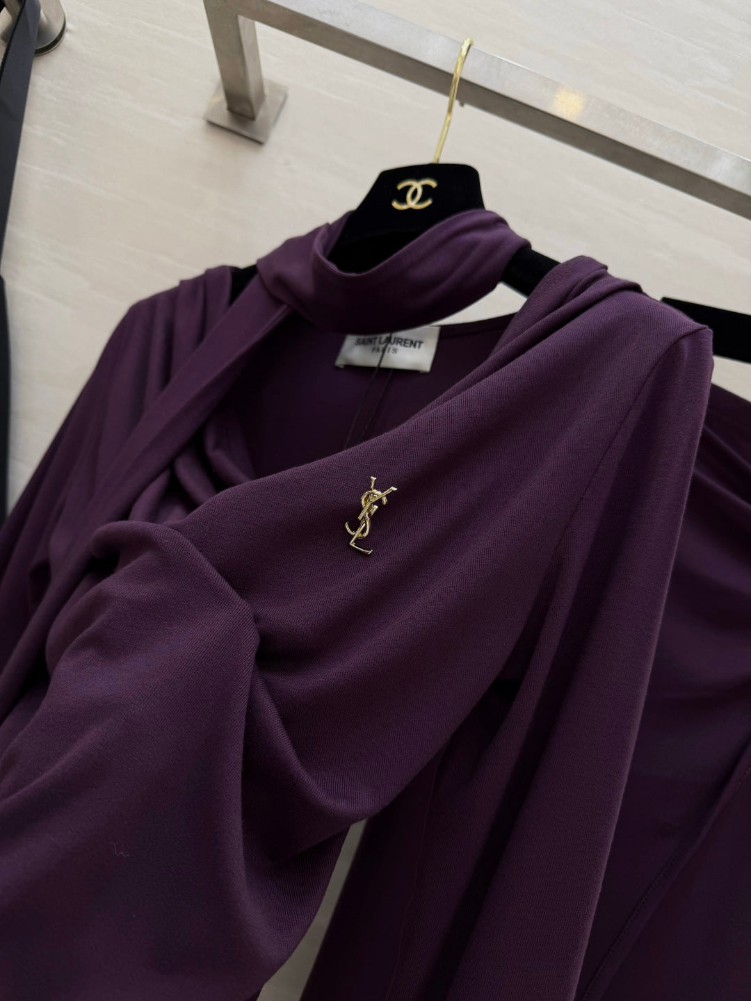 YSL 26s Draped Scarf Top & Midi Skirt Set Purple Silk 437097
