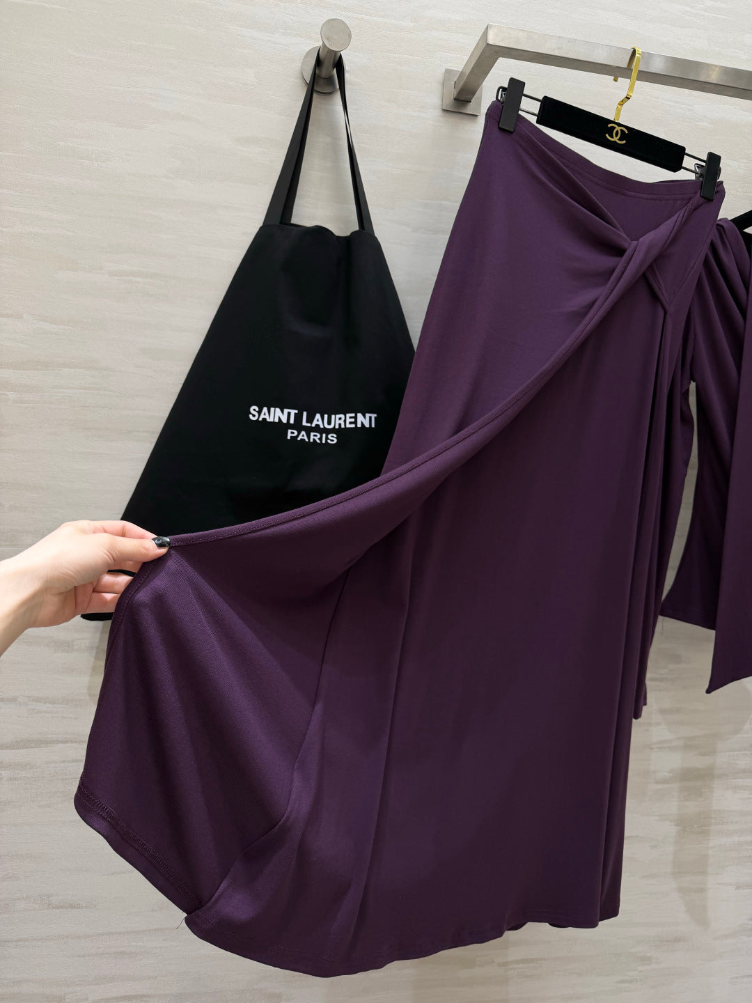YSL 26s Draped Scarf Top & Midi Skirt Set Purple Silk 437097