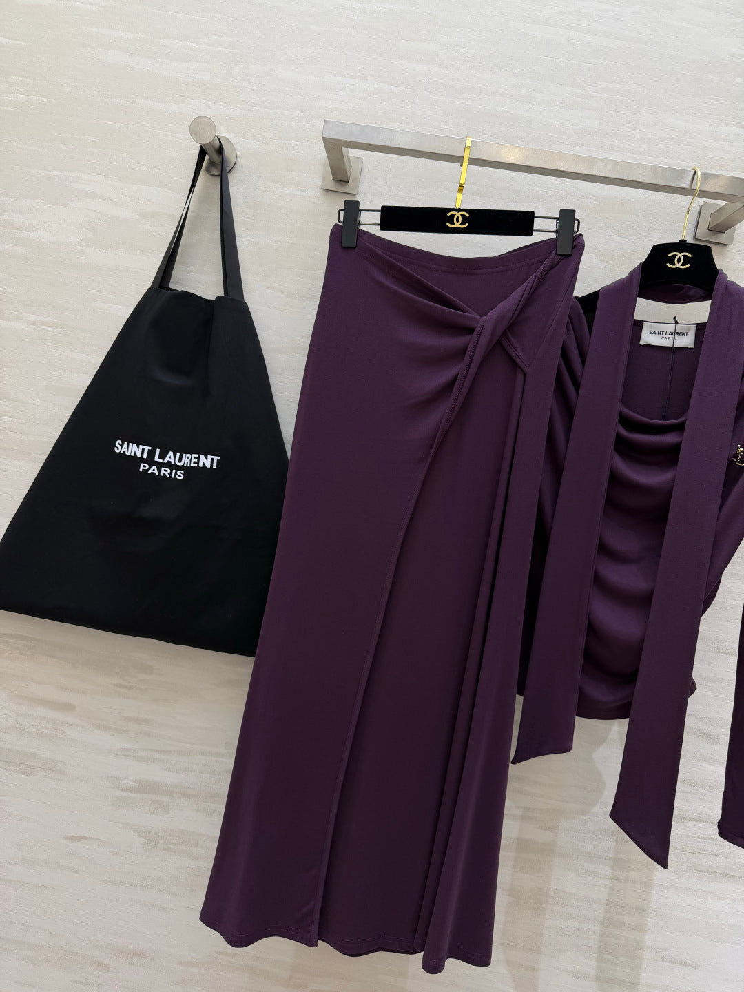 YSL 26s Draped Scarf Top & Midi Skirt Set Purple Silk 437097