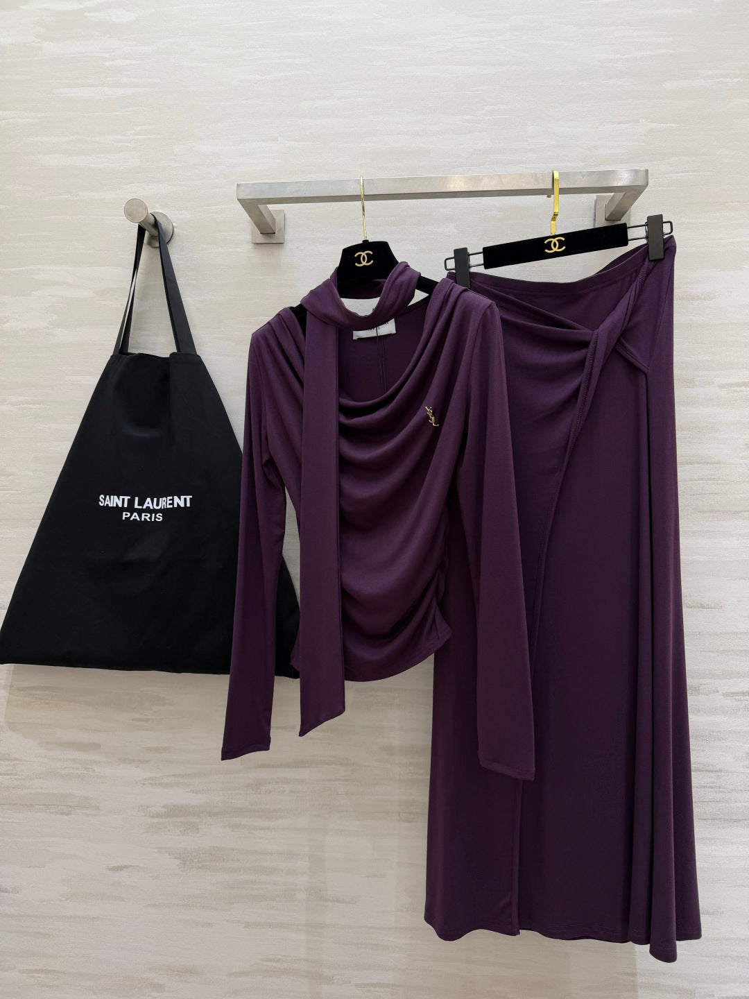 YSL 26s Draped Scarf Top & Midi Skirt Set Purple Silk 437097