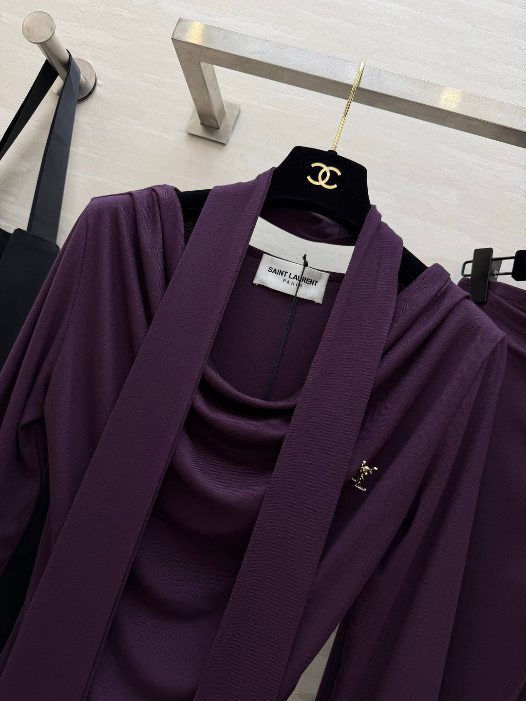 YSL 26s Draped Scarf Top & Midi Skirt Set Purple Silk 437097