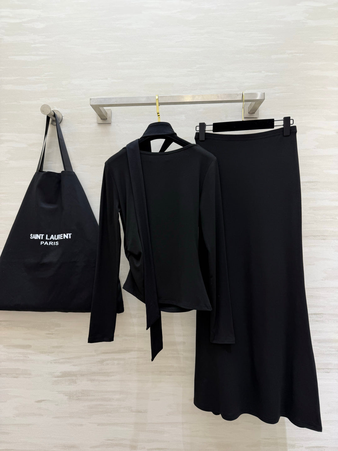 YSL 26s Draped Scarf Top & Midi Skirt Set Black Silk 437092