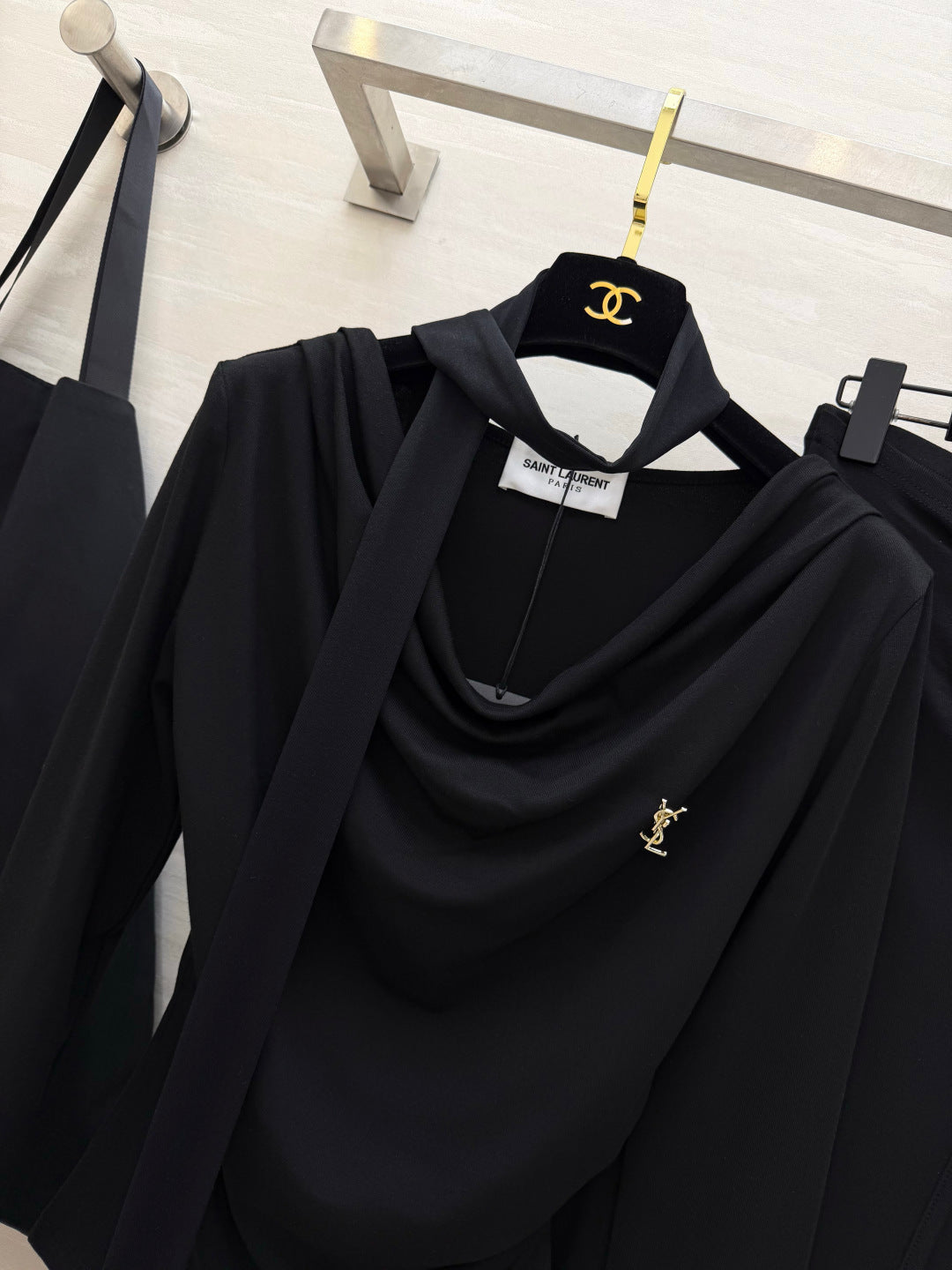 YSL 26s Draped Scarf Top & Midi Skirt Set Black Silk 437092