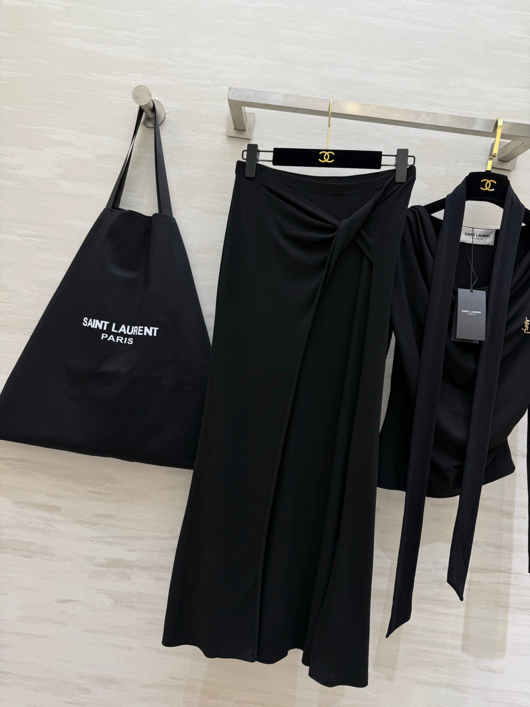 YSL 26s Draped Scarf Top & Midi Skirt Set Black Silk 437092