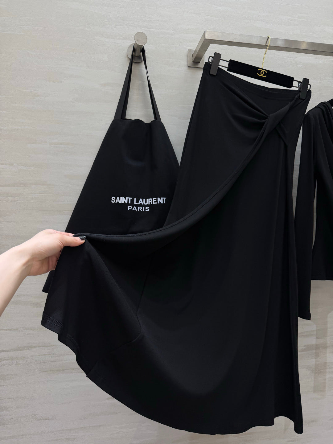 YSL 26s Draped Scarf Top & Midi Skirt Set Black Silk 437092