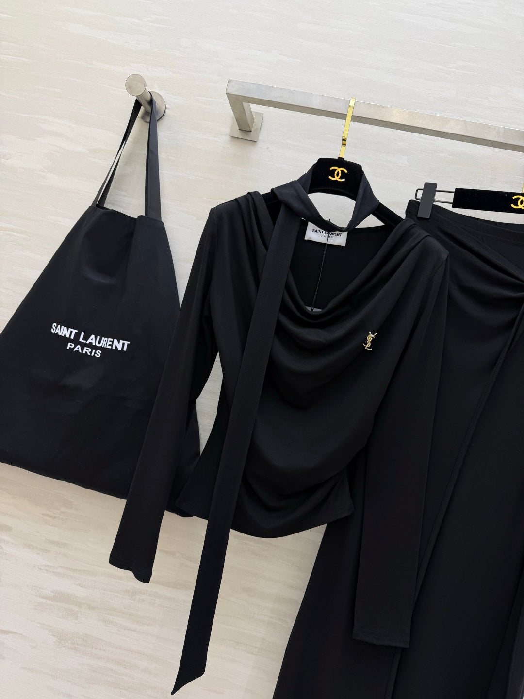 YSL 26s Draped Scarf Top & Midi Skirt Set Black Silk 437092