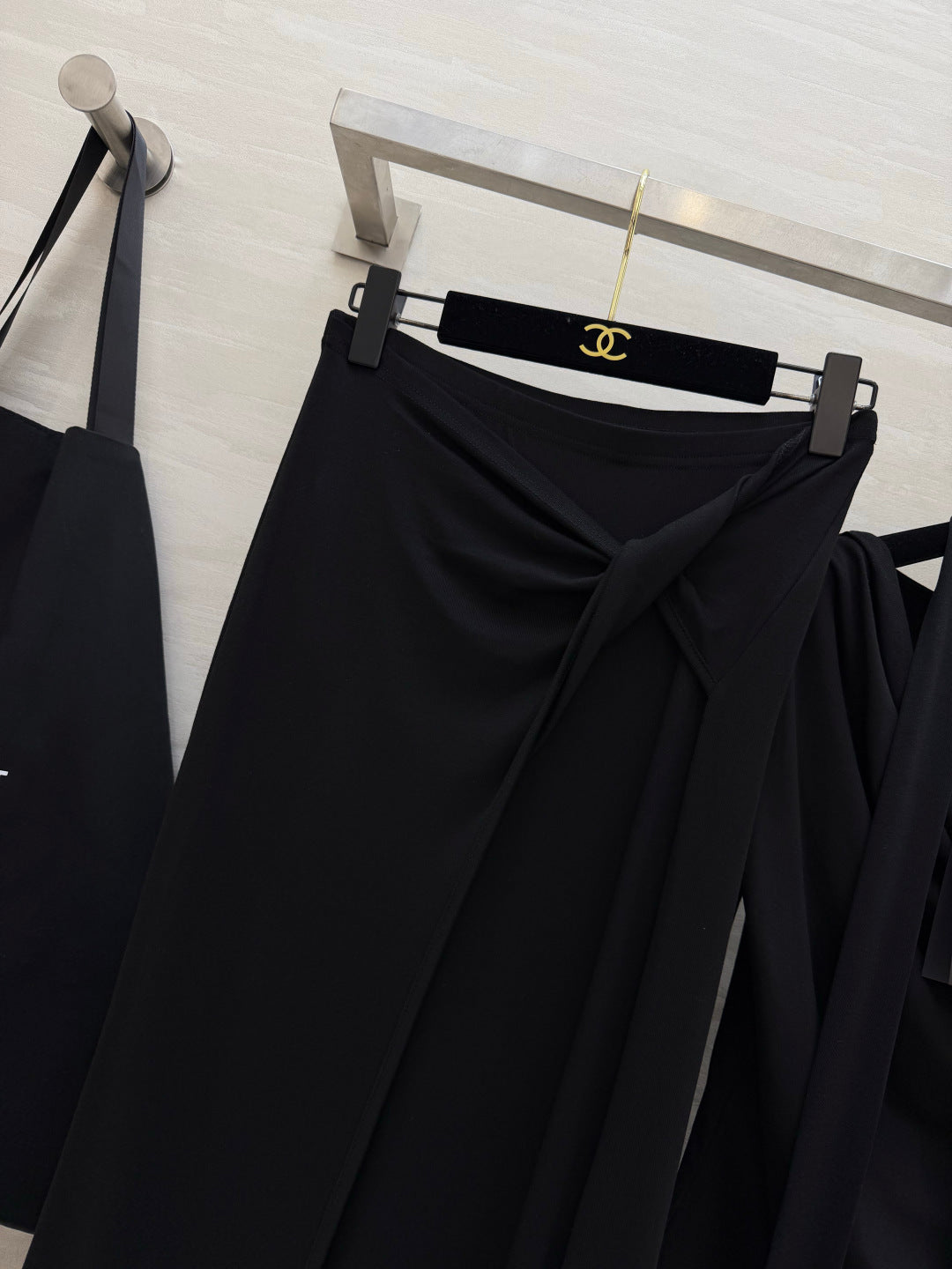 YSL 26s Draped Scarf Top & Midi Skirt Set Black Silk 437092
