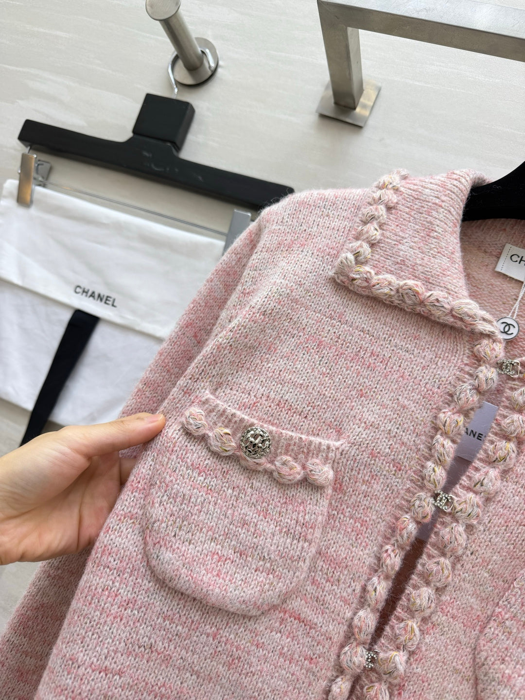 Chanel 26s Braided-Trim Tweed Knit Cardigan Pink 438030