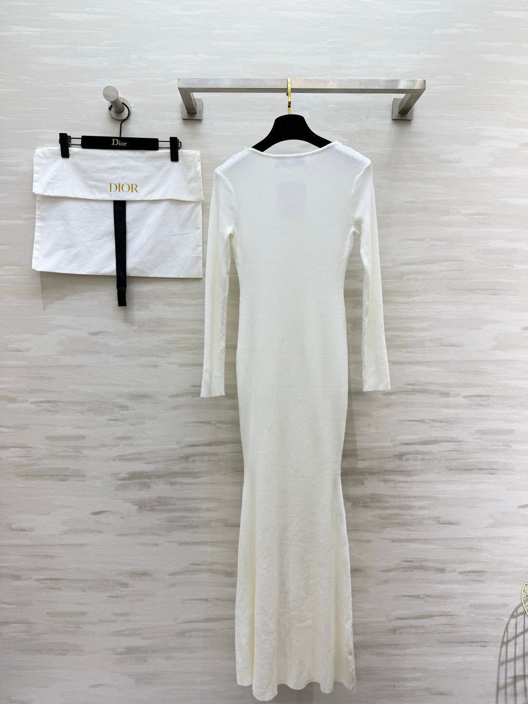 Dior 26s Lace-Trim V-Neck Ribbed Maxi Dress White 438009