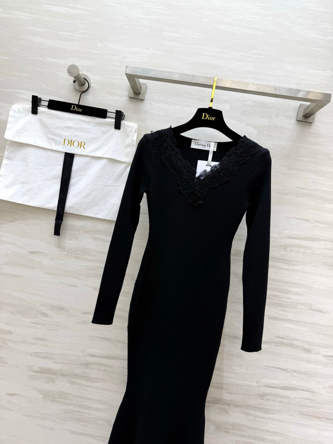 Dior 26s Lace-Trim V-Neck Ribbed Maxi Dress Black 438005